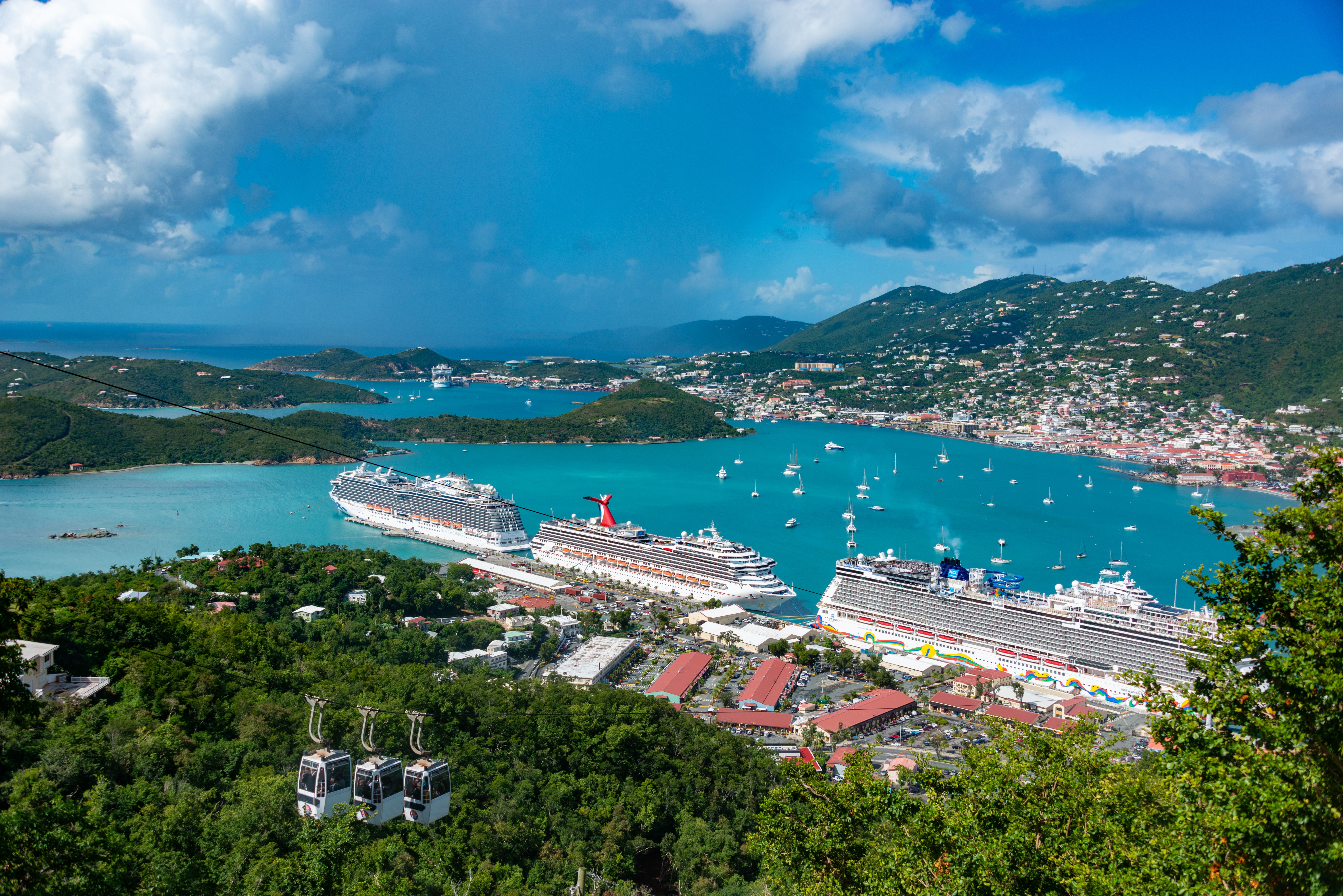 Cruise ships docked in Charlotte Amalie Bay in the Caribbean